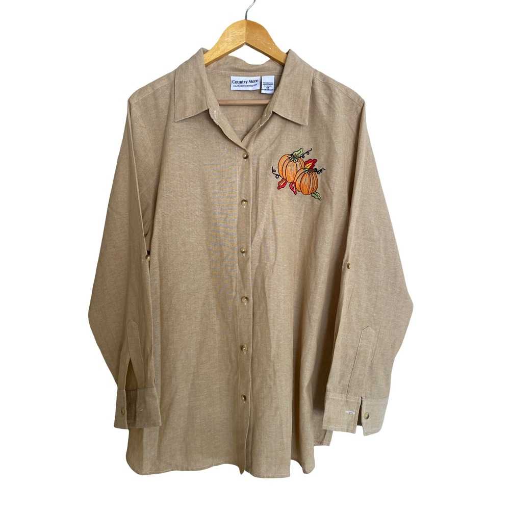 Country Store Womens 1X Pumpkin Embroidered Cotton Button Down Shirt Fall